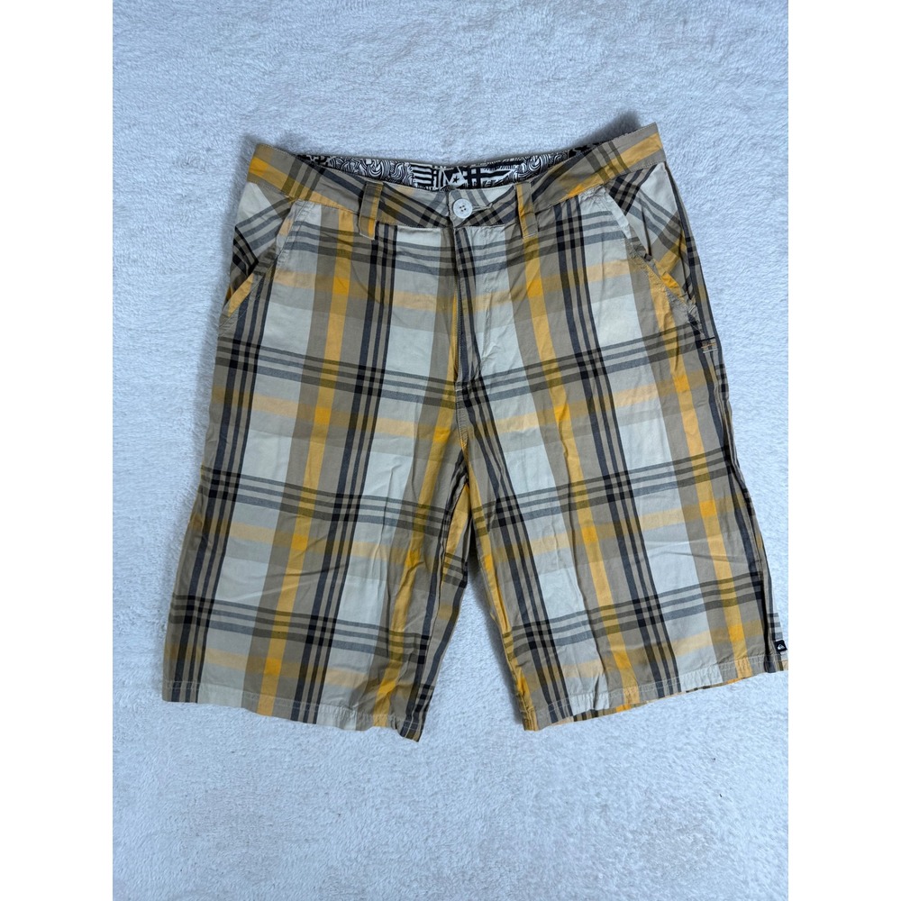 Quiksilver Plaid Shorts Mens 30 Yellow Tan Excellent Cotton Surf Skate Casual